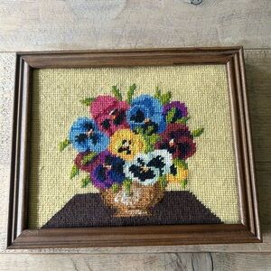 Floral Needlepoint Art in Wooden Frame